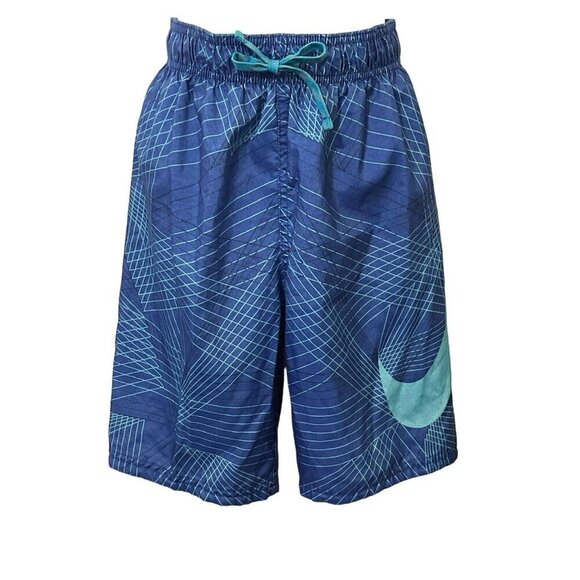 Nike Boys Swoosh Geometric Swim Shorts Size S Blue Logo Drawstring Elastic Waist - Picture 1 of 9